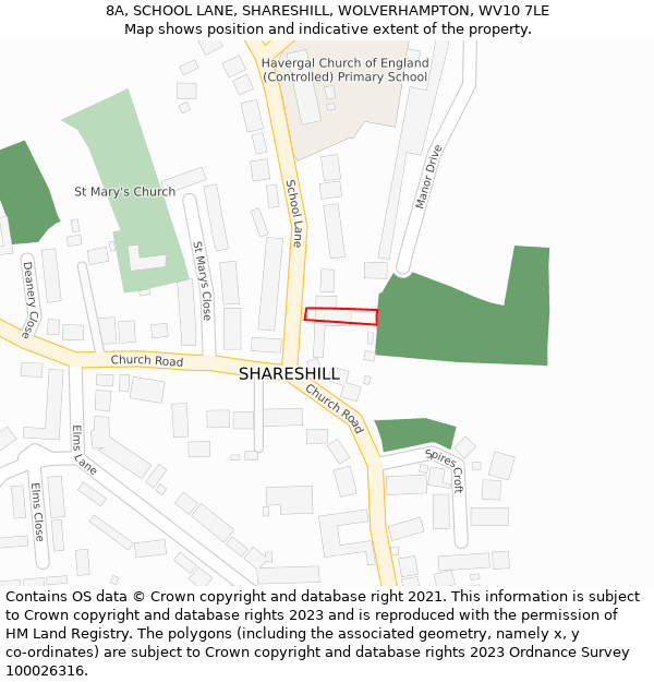8A, SCHOOL LANE, SHARESHILL, WOLVERHAMPTON, WV10 7LE: Location map and indicative extent of plot