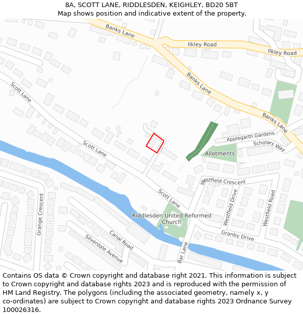 8A, SCOTT LANE, RIDDLESDEN, KEIGHLEY, BD20 5BT: Location map and indicative extent of plot