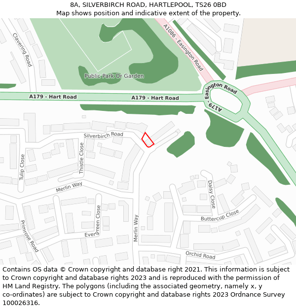 8A, SILVERBIRCH ROAD, HARTLEPOOL, TS26 0BD: Location map and indicative extent of plot