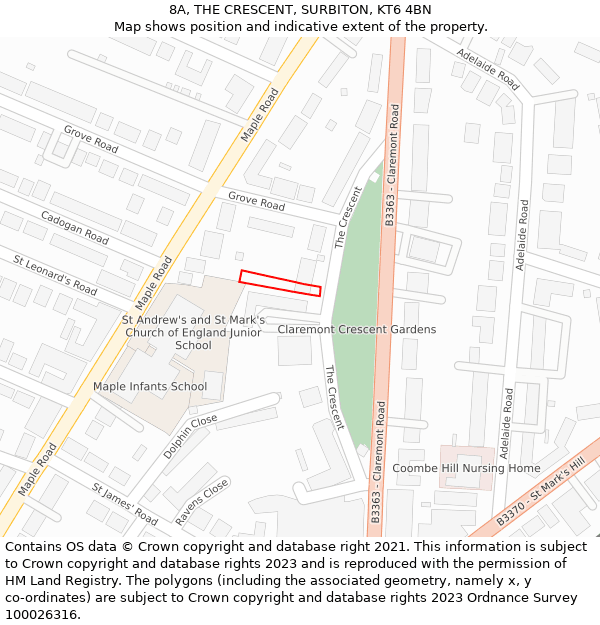 8A, THE CRESCENT, SURBITON, KT6 4BN: Location map and indicative extent of plot