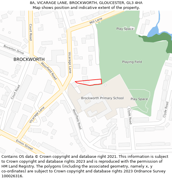 8A, VICARAGE LANE, BROCKWORTH, GLOUCESTER, GL3 4HA: Location map and indicative extent of plot