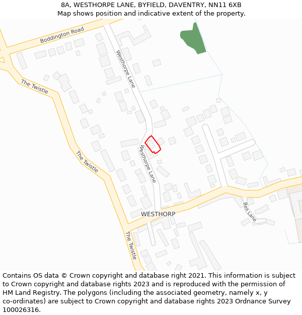 8A, WESTHORPE LANE, BYFIELD, DAVENTRY, NN11 6XB: Location map and indicative extent of plot