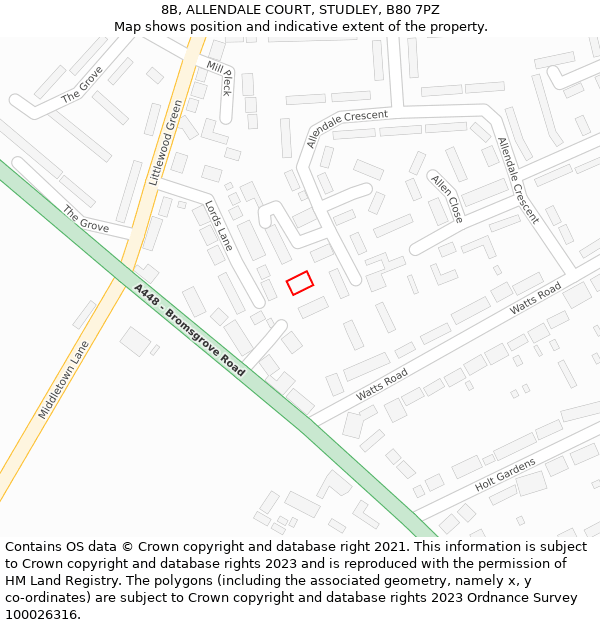 8B, ALLENDALE COURT, STUDLEY, B80 7PZ: Location map and indicative extent of plot