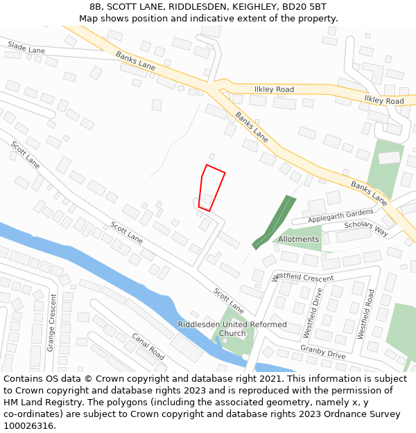 8B, SCOTT LANE, RIDDLESDEN, KEIGHLEY, BD20 5BT: Location map and indicative extent of plot