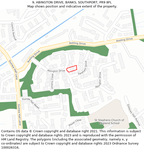 9, ABINGTON DRIVE, BANKS, SOUTHPORT, PR9 8FL: Location map and indicative extent of plot