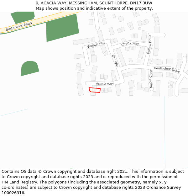 9, ACACIA WAY, MESSINGHAM, SCUNTHORPE, DN17 3UW: Location map and indicative extent of plot