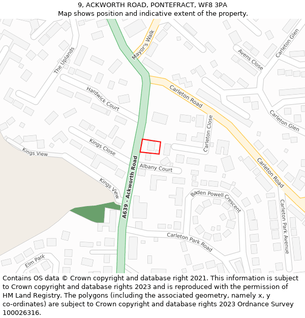 9, ACKWORTH ROAD, PONTEFRACT, WF8 3PA: Location map and indicative extent of plot