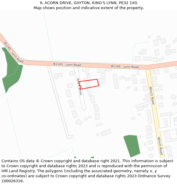9, ACORN DRIVE, GAYTON, KING'S LYNN, PE32 1XG: Location map and indicative extent of plot
