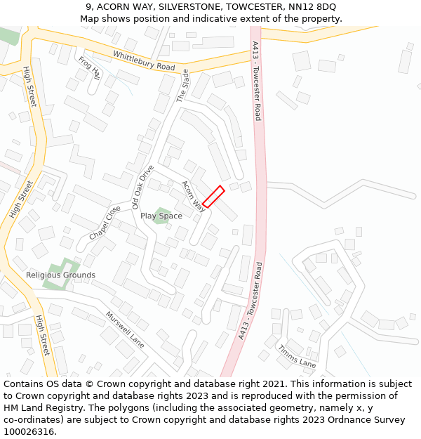 9, ACORN WAY, SILVERSTONE, TOWCESTER, NN12 8DQ: Location map and indicative extent of plot