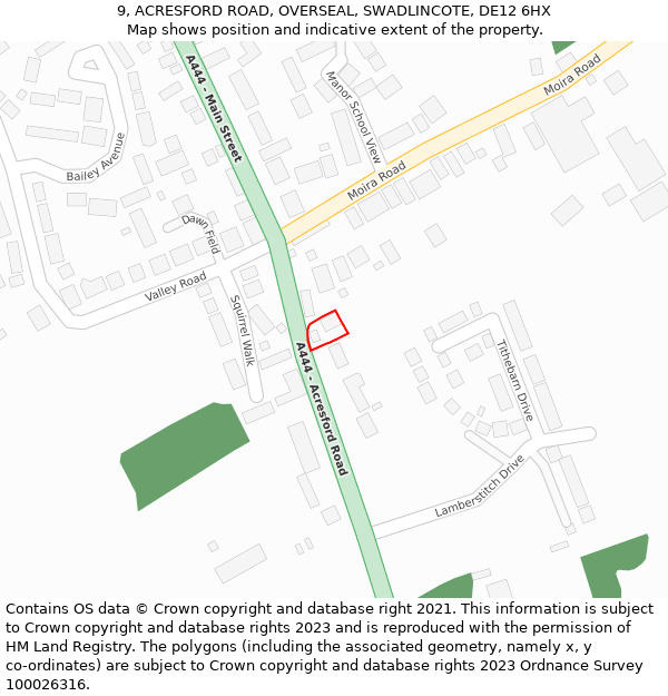 9, ACRESFORD ROAD, OVERSEAL, SWADLINCOTE, DE12 6HX: Location map and indicative extent of plot