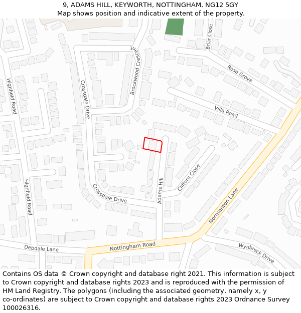 9, ADAMS HILL, KEYWORTH, NOTTINGHAM, NG12 5GY: Location map and indicative extent of plot