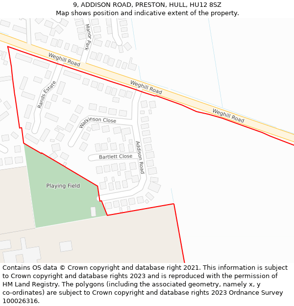 9, ADDISON ROAD, PRESTON, HULL, HU12 8SZ: Location map and indicative extent of plot