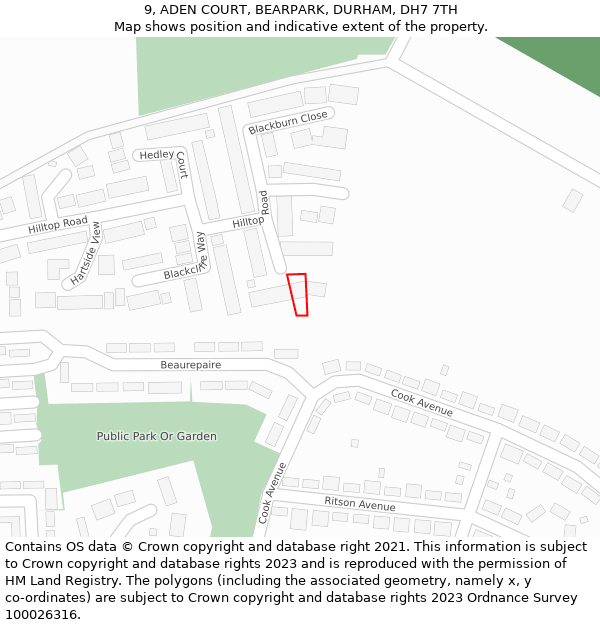 9, ADEN COURT, BEARPARK, DURHAM, DH7 7TH: Location map and indicative extent of plot