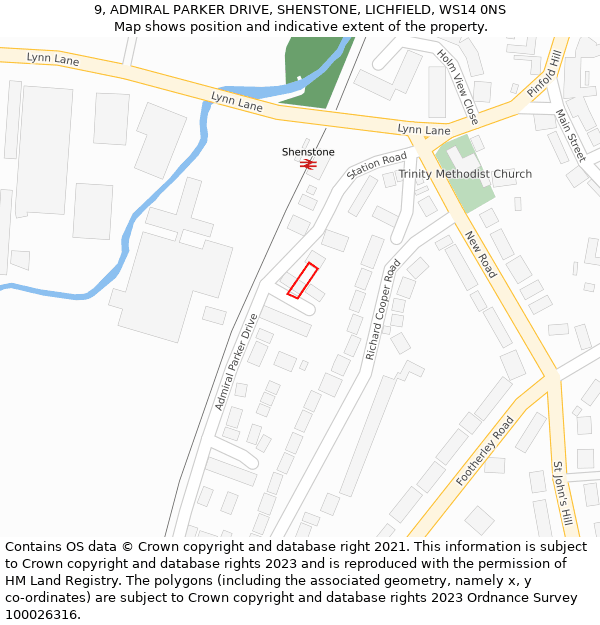 9, ADMIRAL PARKER DRIVE, SHENSTONE, LICHFIELD, WS14 0NS: Location map and indicative extent of plot