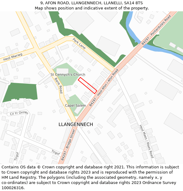 9, AFON ROAD, LLANGENNECH, LLANELLI, SA14 8TS: Location map and indicative extent of plot