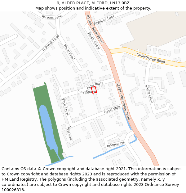 9, ALDER PLACE, ALFORD, LN13 9BZ: Location map and indicative extent of plot