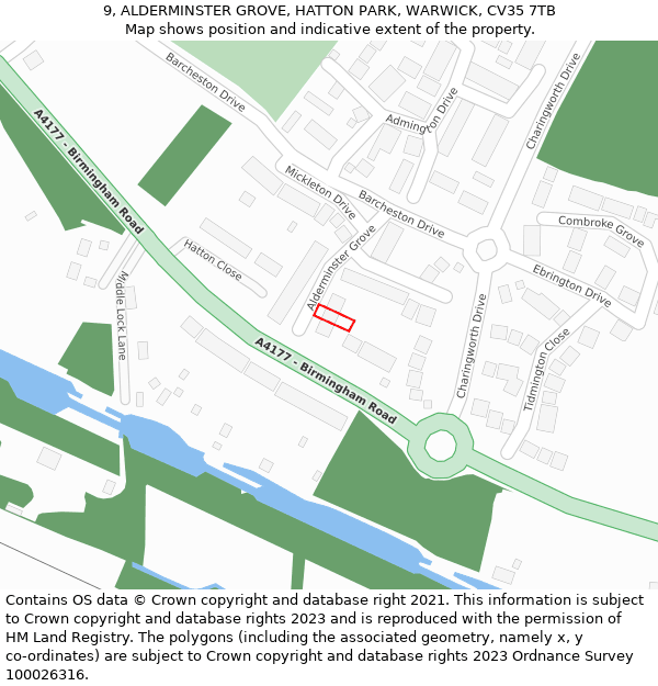 9, ALDERMINSTER GROVE, HATTON PARK, WARWICK, CV35 7TB: Location map and indicative extent of plot
