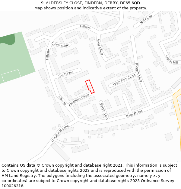 9, ALDERSLEY CLOSE, FINDERN, DERBY, DE65 6QD: Location map and indicative extent of plot