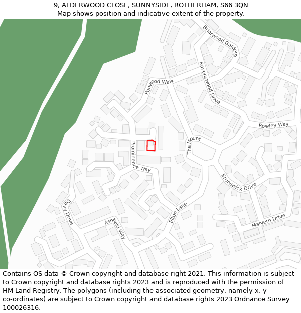 9, ALDERWOOD CLOSE, SUNNYSIDE, ROTHERHAM, S66 3QN: Location map and indicative extent of plot