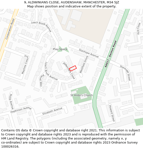 9, ALDWINIANS CLOSE, AUDENSHAW, MANCHESTER, M34 5JZ: Location map and indicative extent of plot