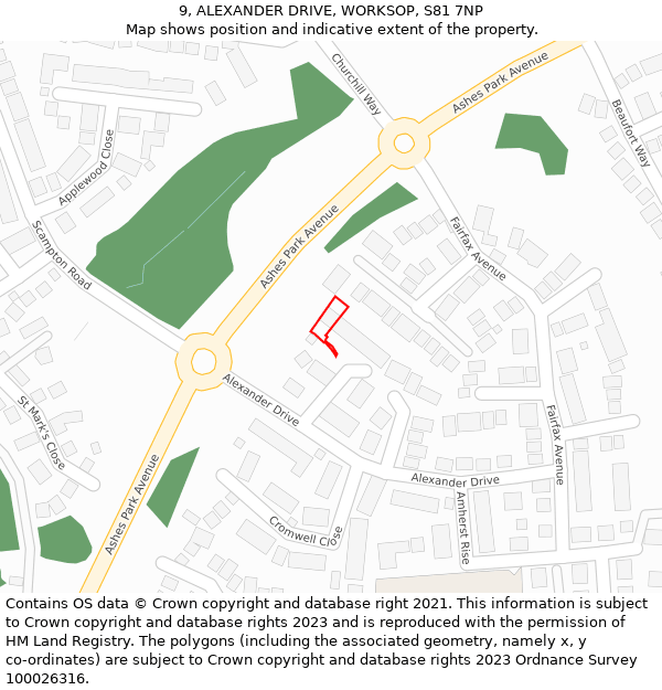 9, ALEXANDER DRIVE, WORKSOP, S81 7NP: Location map and indicative extent of plot