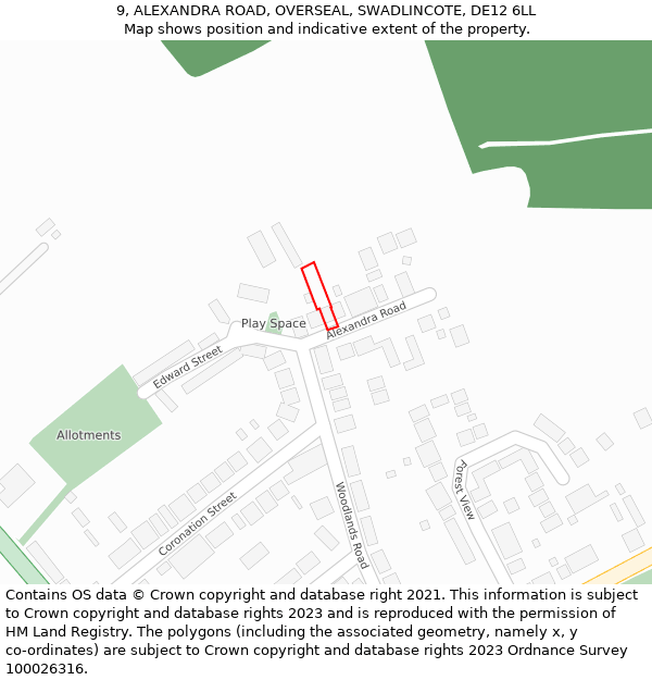 9, ALEXANDRA ROAD, OVERSEAL, SWADLINCOTE, DE12 6LL: Location map and indicative extent of plot