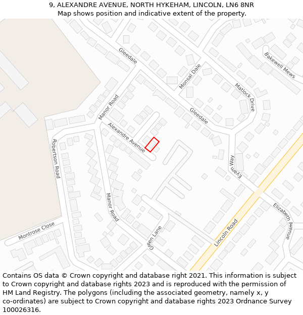 9, ALEXANDRE AVENUE, NORTH HYKEHAM, LINCOLN, LN6 8NR: Location map and indicative extent of plot