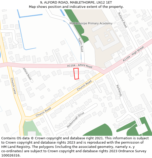 9, ALFORD ROAD, MABLETHORPE, LN12 1ET: Location map and indicative extent of plot
