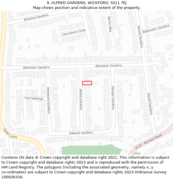 9, ALFRED GARDENS, WICKFORD, SS11 7EJ: Location map and indicative extent of plot