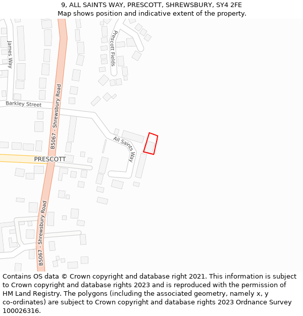 9, ALL SAINTS WAY, PRESCOTT, SHREWSBURY, SY4 2FE: Location map and indicative extent of plot