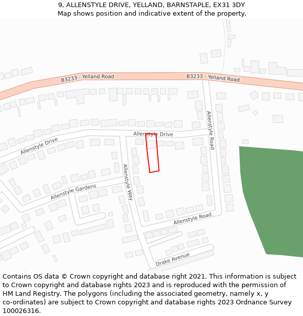 9, ALLENSTYLE DRIVE, YELLAND, BARNSTAPLE, EX31 3DY: Location map and indicative extent of plot