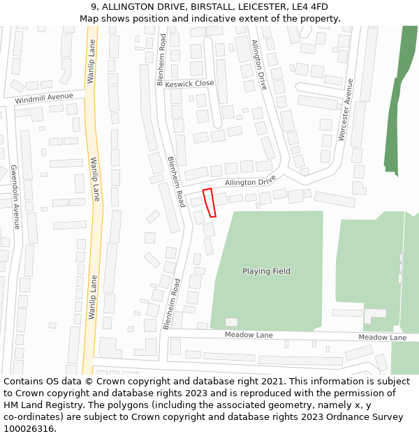 9, ALLINGTON DRIVE, BIRSTALL, LEICESTER, LE4 4FD: Location map and indicative extent of plot