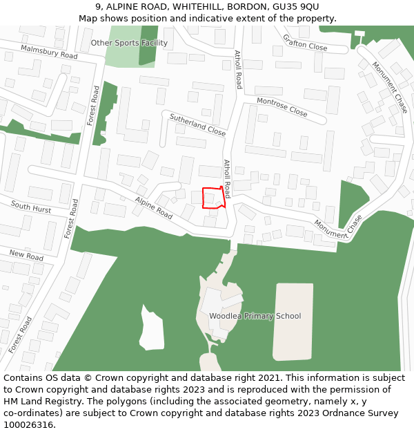 9, ALPINE ROAD, WHITEHILL, BORDON, GU35 9QU: Location map and indicative extent of plot
