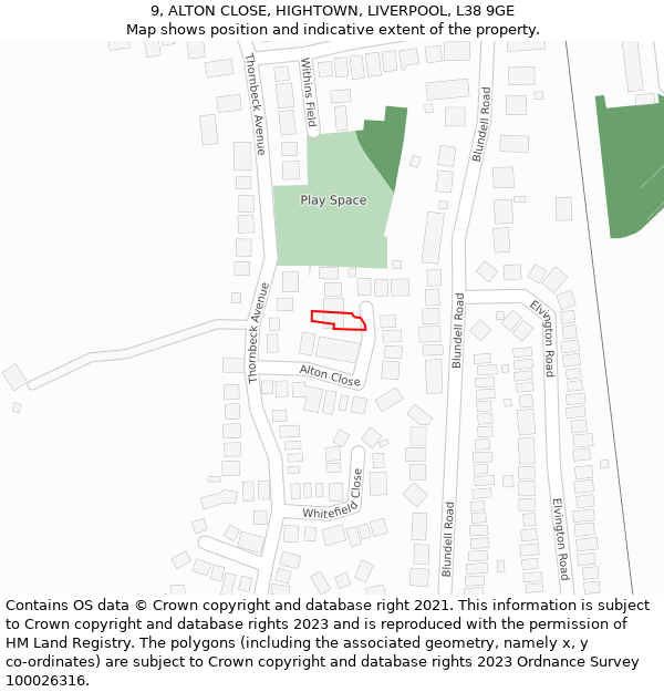 9, ALTON CLOSE, HIGHTOWN, LIVERPOOL, L38 9GE: Location map and indicative extent of plot