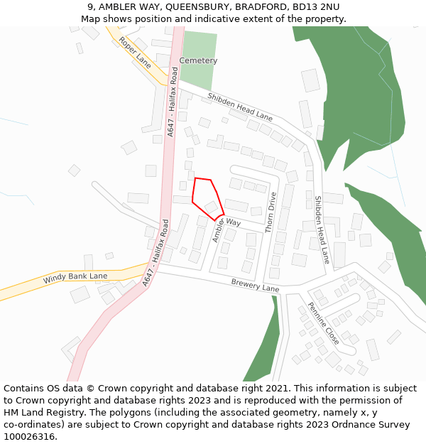 9, AMBLER WAY, QUEENSBURY, BRADFORD, BD13 2NU: Location map and indicative extent of plot