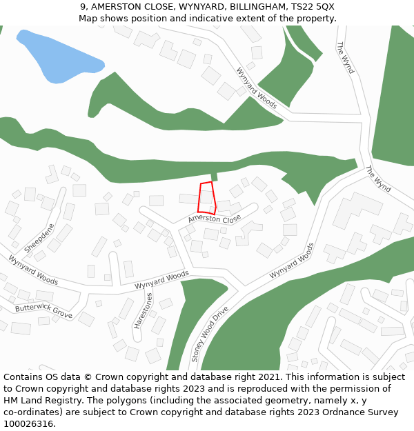 9, AMERSTON CLOSE, WYNYARD, BILLINGHAM, TS22 5QX: Location map and indicative extent of plot