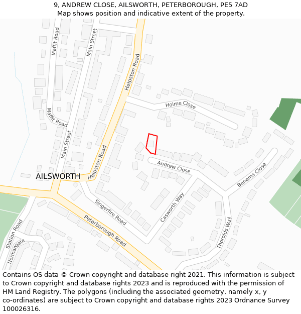 9, ANDREW CLOSE, AILSWORTH, PETERBOROUGH, PE5 7AD: Location map and indicative extent of plot