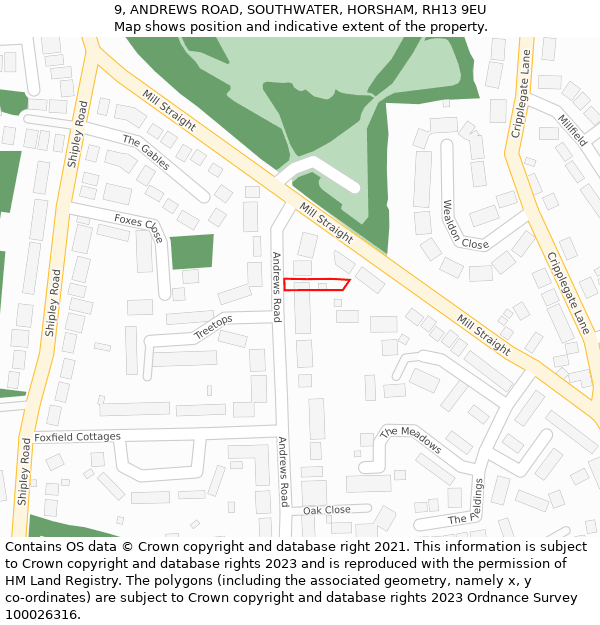 9, ANDREWS ROAD, SOUTHWATER, HORSHAM, RH13 9EU: Location map and indicative extent of plot