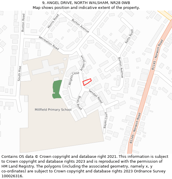 9, ANGEL DRIVE, NORTH WALSHAM, NR28 0WB: Location map and indicative extent of plot