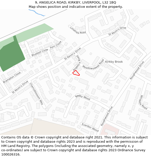 9, ANGELICA ROAD, KIRKBY, LIVERPOOL, L32 1BQ: Location map and indicative extent of plot