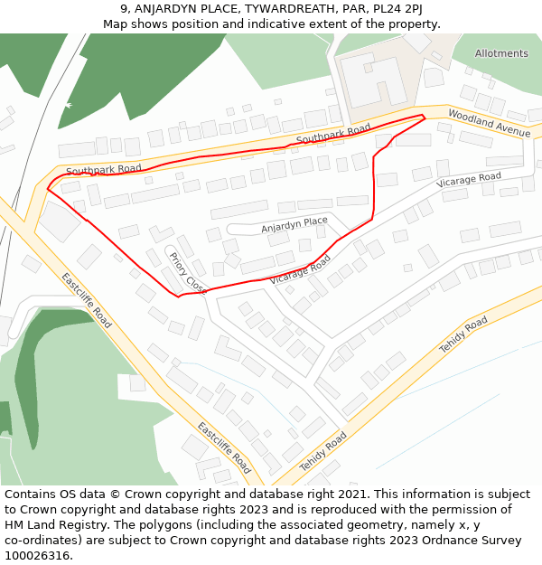 9, ANJARDYN PLACE, TYWARDREATH, PAR, PL24 2PJ: Location map and indicative extent of plot