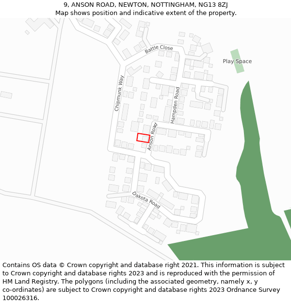 9, ANSON ROAD, NEWTON, NOTTINGHAM, NG13 8ZJ: Location map and indicative extent of plot