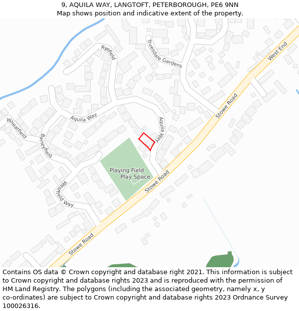 9, AQUILA WAY, LANGTOFT, PETERBOROUGH, PE6 9NN: Location map and indicative extent of plot