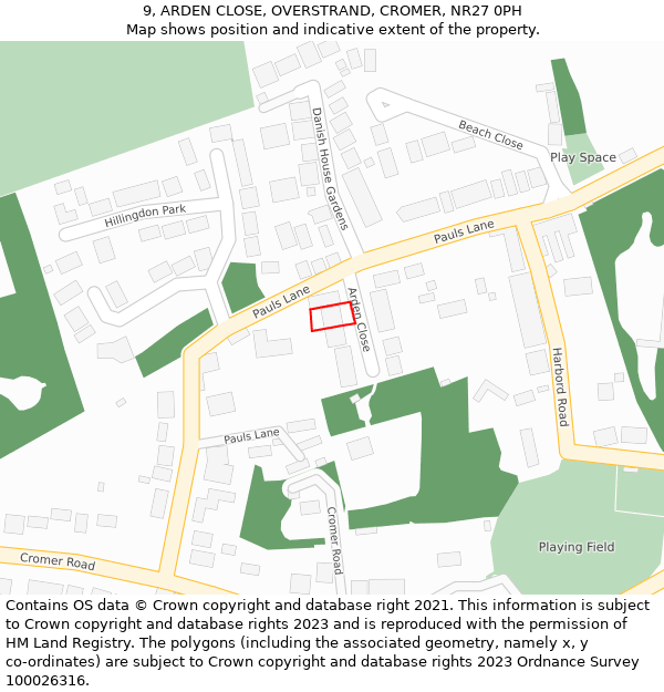 9, ARDEN CLOSE, OVERSTRAND, CROMER, NR27 0PH: Location map and indicative extent of plot