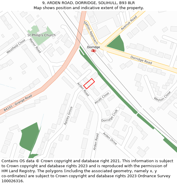 9, ARDEN ROAD, DORRIDGE, SOLIHULL, B93 8LR: Location map and indicative extent of plot