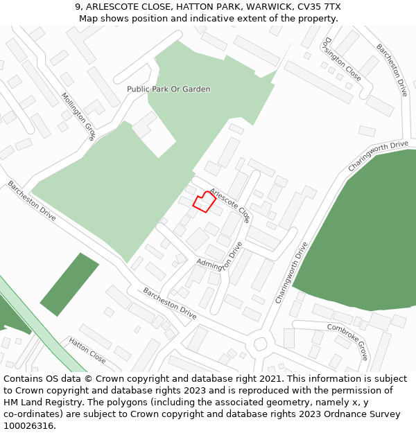 9, ARLESCOTE CLOSE, HATTON PARK, WARWICK, CV35 7TX: Location map and indicative extent of plot