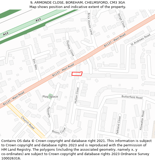 9, ARMONDE CLOSE, BOREHAM, CHELMSFORD, CM3 3GA: Location map and indicative extent of plot