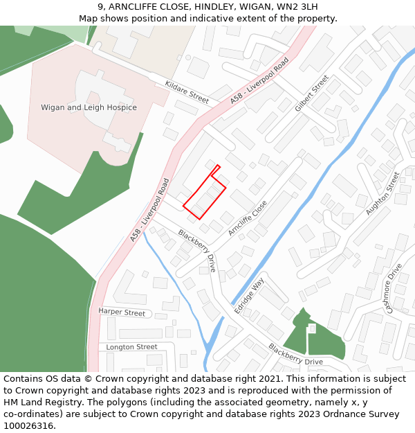 9, ARNCLIFFE CLOSE, HINDLEY, WIGAN, WN2 3LH: Location map and indicative extent of plot