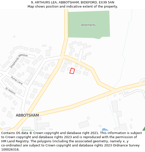 9, ARTHURS LEA, ABBOTSHAM, BIDEFORD, EX39 5AN: Location map and indicative extent of plot