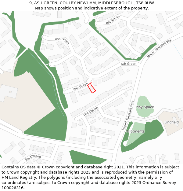 9, ASH GREEN, COULBY NEWHAM, MIDDLESBROUGH, TS8 0UW: Location map and indicative extent of plot